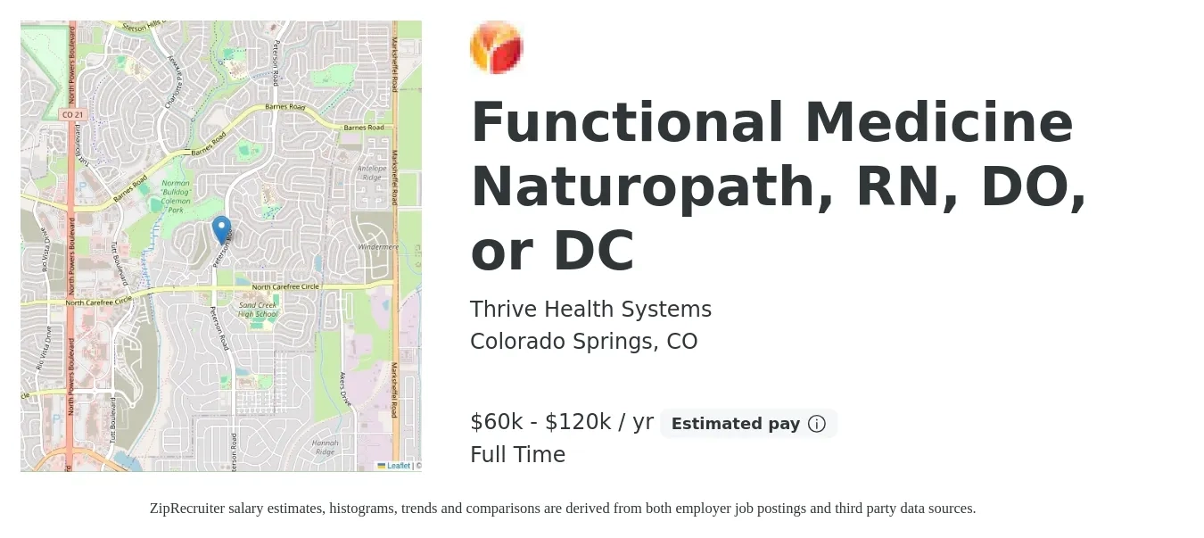 Thrive Health Systems job posting for a Functional Medicine Naturopath, RN, DO, or DC in Colorado Springs, CO with a salary of $60,000 to $120,000 Yearly with a map of Colorado Springs location.