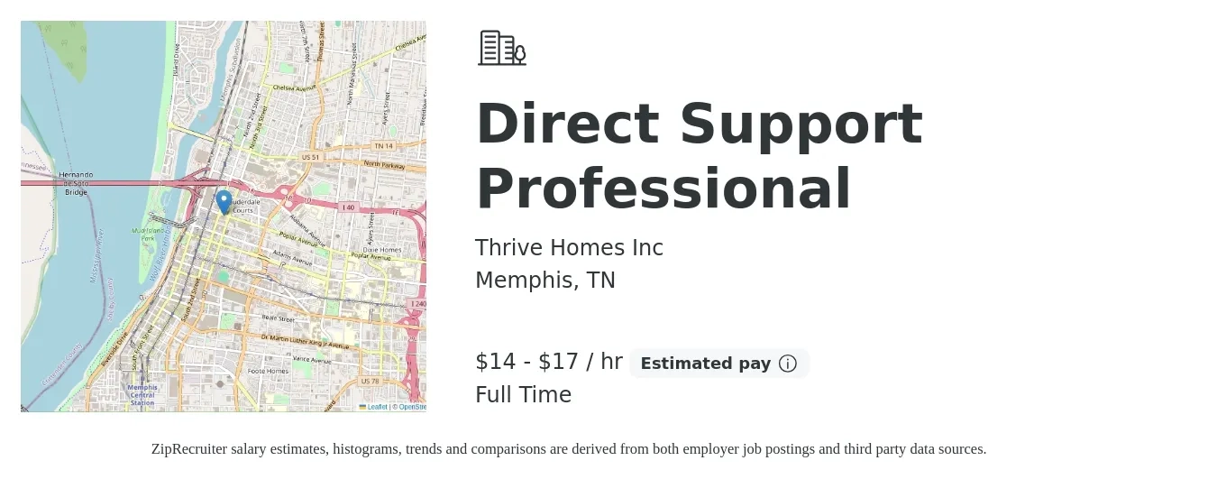 Thrive Homes Inc job posting for a Direct Support Professional in Memphis, TN with a salary of $15 to $18 Hourly with a map of Memphis location.