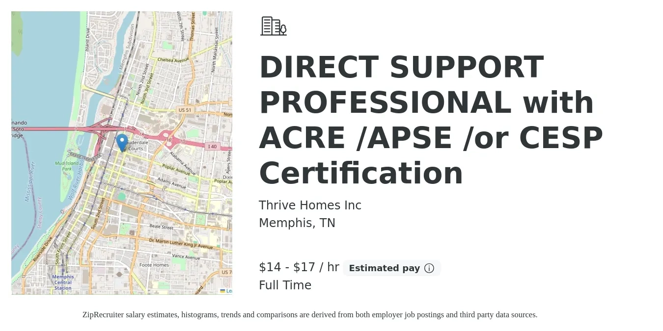 Thrive Homes Inc job posting for a DIRECT SUPPORT PROFESSIONAL with ACRE /APSE /or CESP Certification in Memphis, TN with a salary of $15 to $18 Hourly with a map of Memphis location.