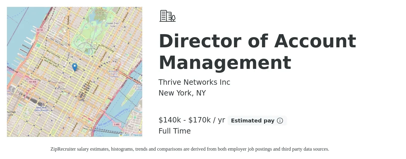 Thrive Networks Inc job posting for a Director of Account Management in New York, NY with a salary of $140,000 to $170,000 Yearly with a map of New York location.