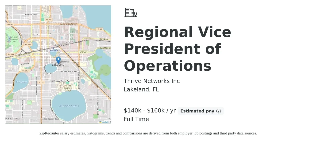 Thrive Networks Inc job posting for a Regional Vice President of Operations in Lakeland, FL with a salary of $140,000 to $160,000 Yearly with a map of Lakeland location.