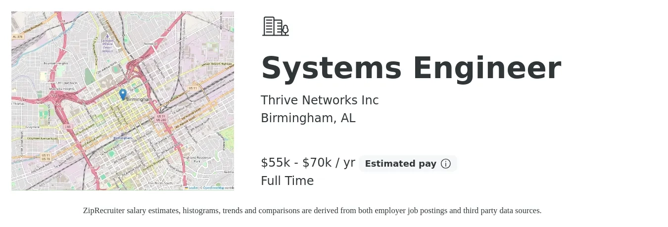Thrive Networks Inc job posting for a Systems Engineer in Birmingham, AL with a salary of $55,000 to $70,000 Yearly with a map of Birmingham location.