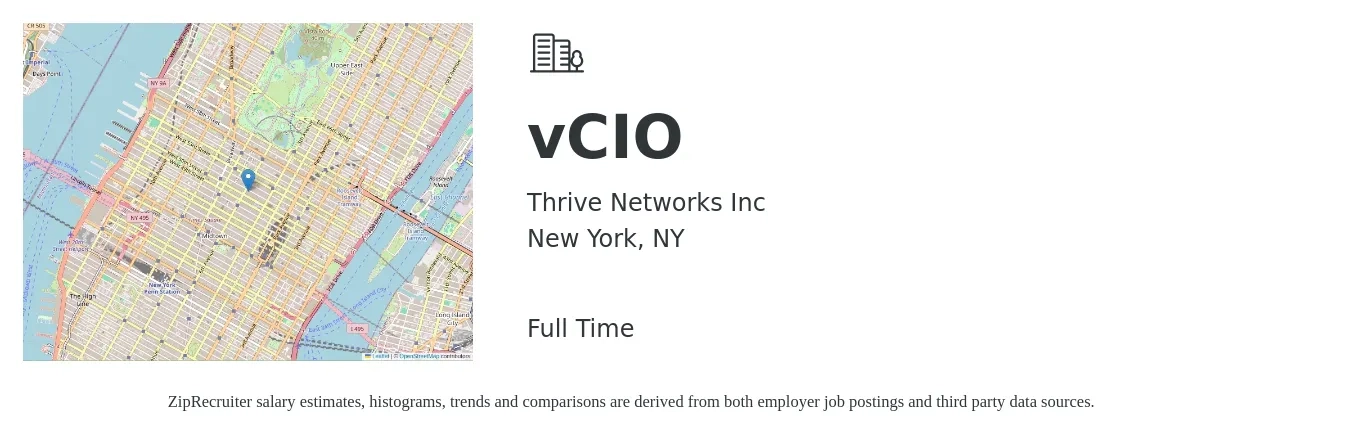 Thrive Networks Inc job posting for a vCIO in New York, NY with a salary of $67,800 to $110,000 Yearly with a map of New York location.