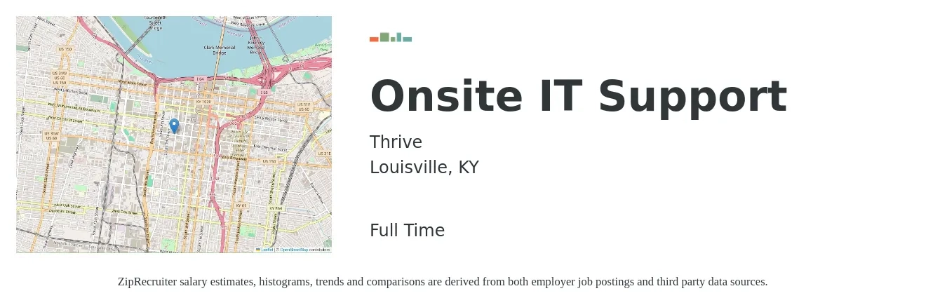 Thrive job posting for a Onsite IT Support in Louisville, KY with a salary of $46,200 to $69,500 Yearly with a map of Louisville location.