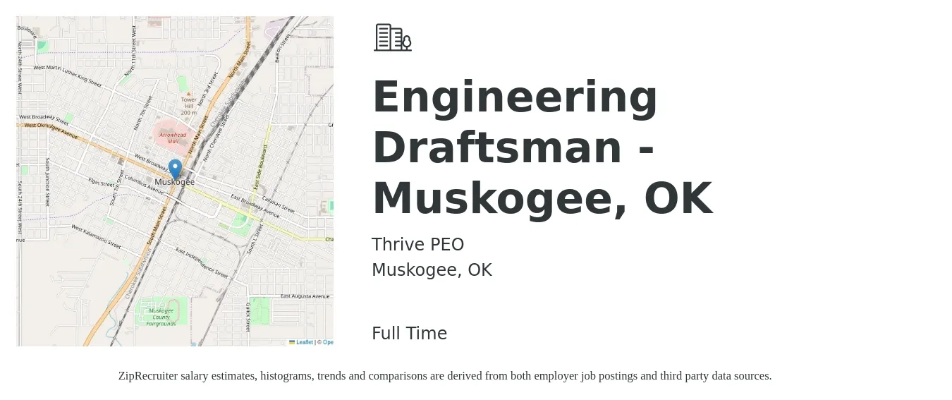 Thrive PEO job posting for a Engineering Draftsman - Muskogee, OK in Muskogee, OK with a salary of $16 to $24 Hourly with a map of Muskogee location.