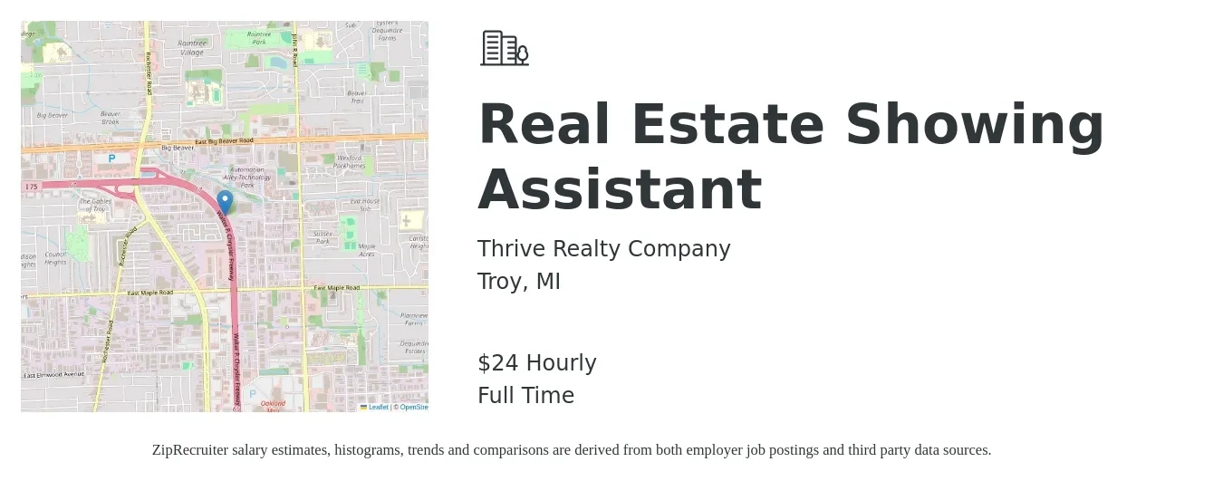 Thrive Realty Company job posting for a Real Estate Showing Assistant in Troy, MI with a salary of $25 Hourly with a map of Troy location.