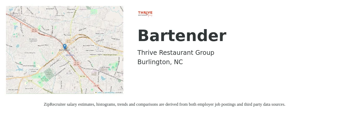 Thrive Restaurant Group job posting for a Bartender in Burlington, NC with a salary of $8 to $16 Hourly with a map of Burlington location.