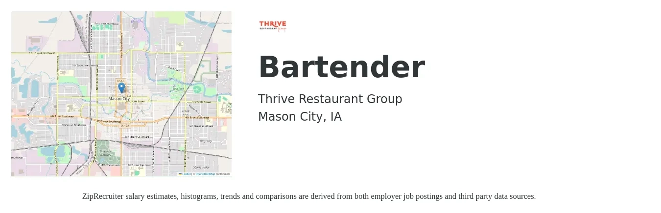Thrive Restaurant Group job posting for a Bartender in Mason City, IA with a salary of $10 to $18 Hourly with a map of Mason City location.