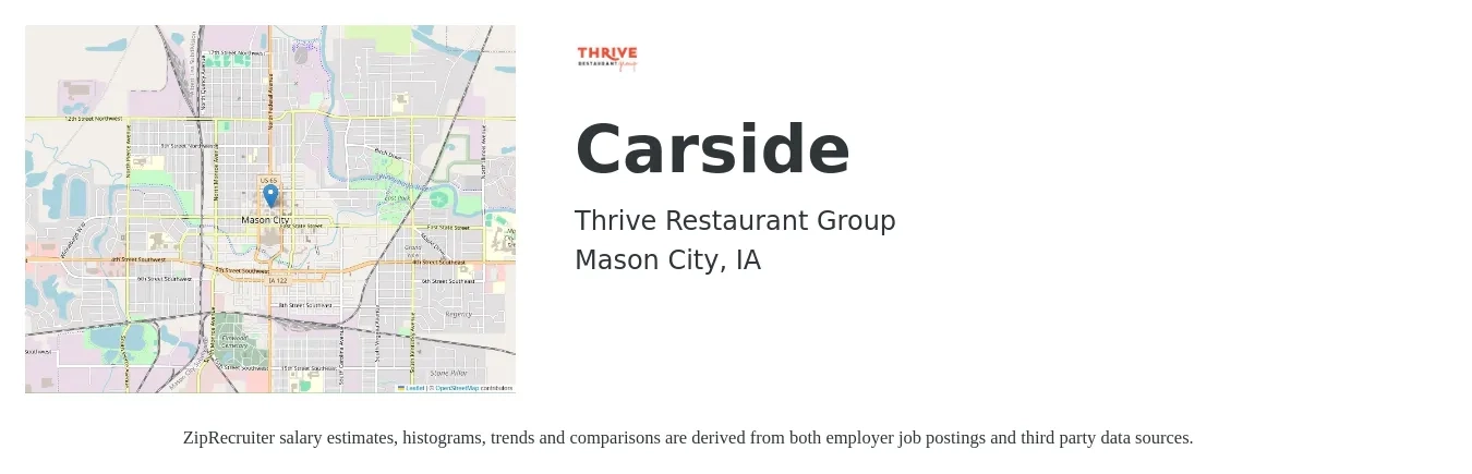 Thrive Restaurant Group job posting for a Carside in Mason City, IA with a salary of $13 to $16 Hourly with a map of Mason City location.