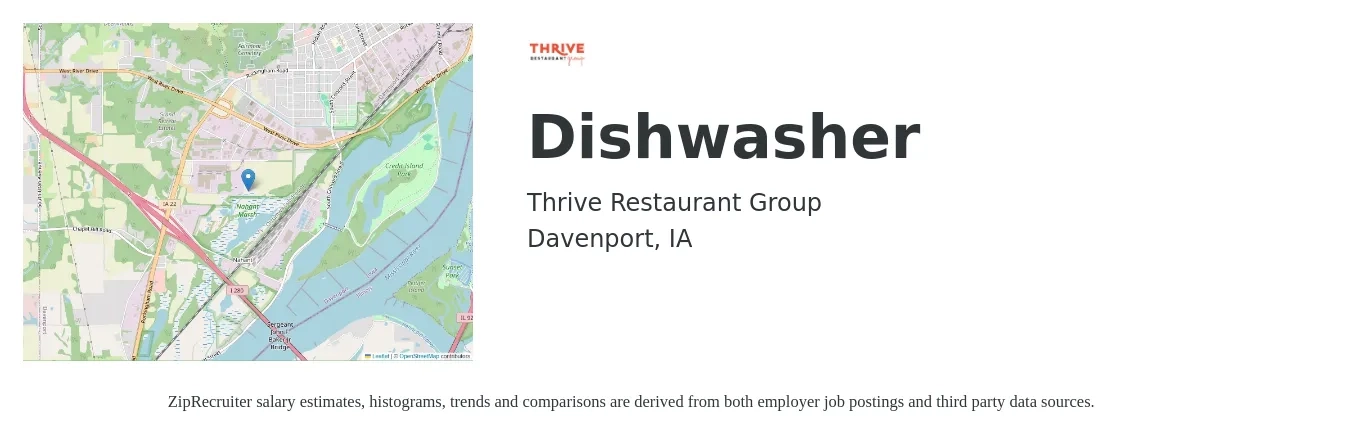 Thrive Restaurant Group job posting for a Dishwasher in Davenport, IA with a salary of $12 to $15 Hourly with a map of Davenport location.