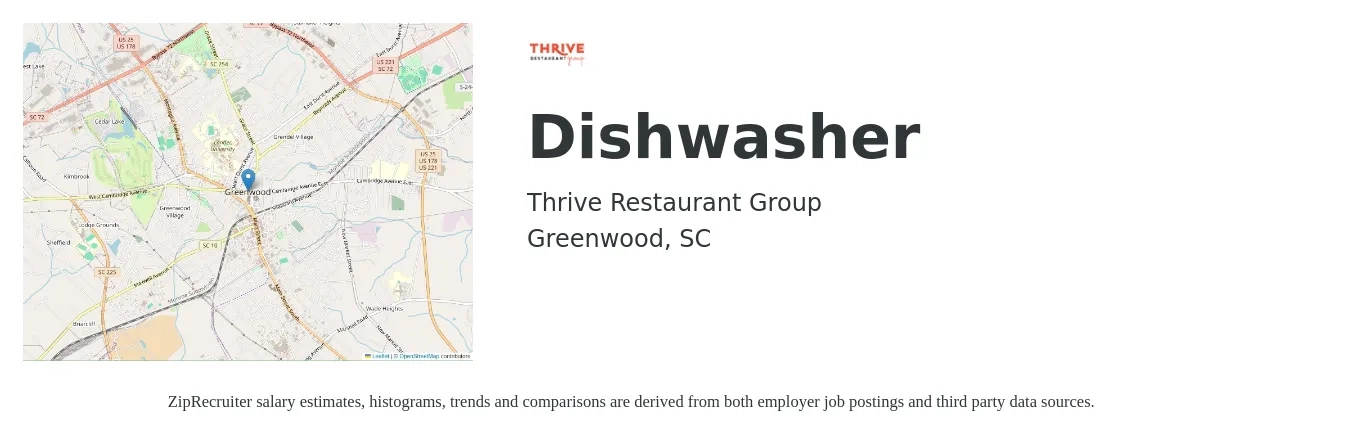 Thrive Restaurant Group job posting for a Dishwasher in Greenwood, SC with a salary of $10 to $13 Hourly with a map of Greenwood location.