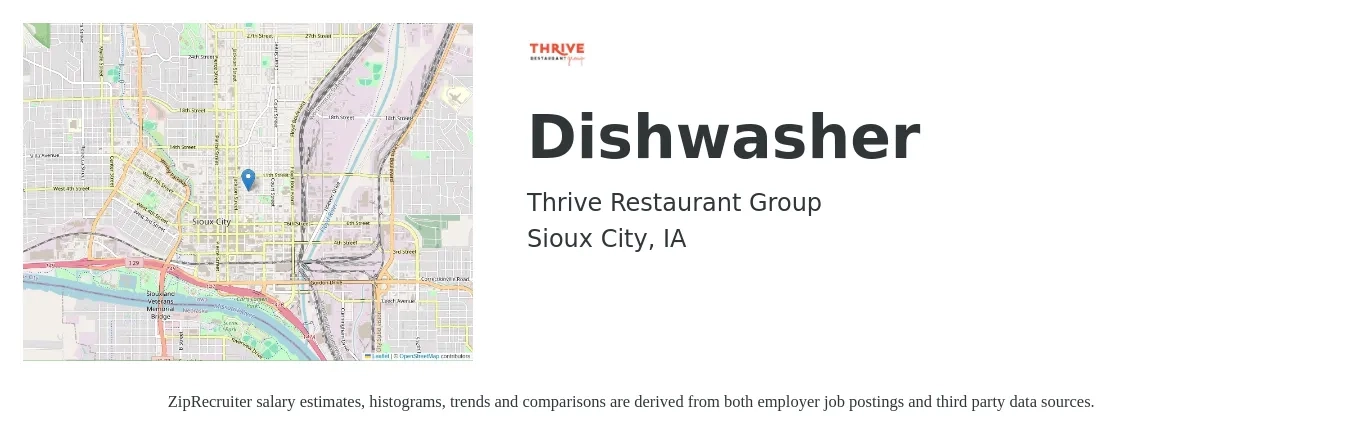 Thrive Restaurant Group job posting for a Dishwasher in Sioux City, IA with a salary of $12 to $16 Hourly with a map of Sioux City location.