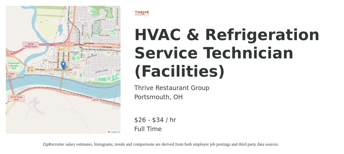 Thrive Restaurant Group job posting for a HVAC & Refrigeration Service Technician (Facilities) in Portsmouth, OH with a salary of $28 to $36 Hourly with a map of Portsmouth location.