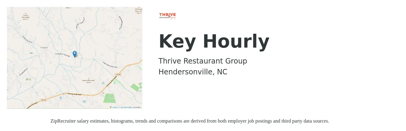 Thrive Restaurant Group job posting for a Key Hourly in Hendersonville, NC with a salary of $40,500 to $57,200 Yearly with a map of Hendersonville location.