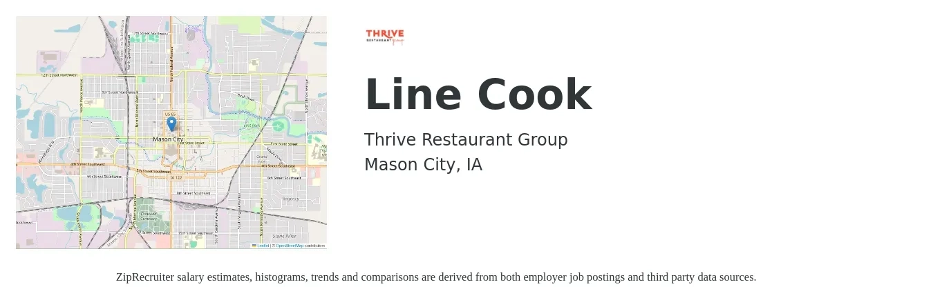 Thrive Restaurant Group job posting for a Line Cook in Mason City, IA with a salary of $15 to $19 Hourly with a map of Mason City location.