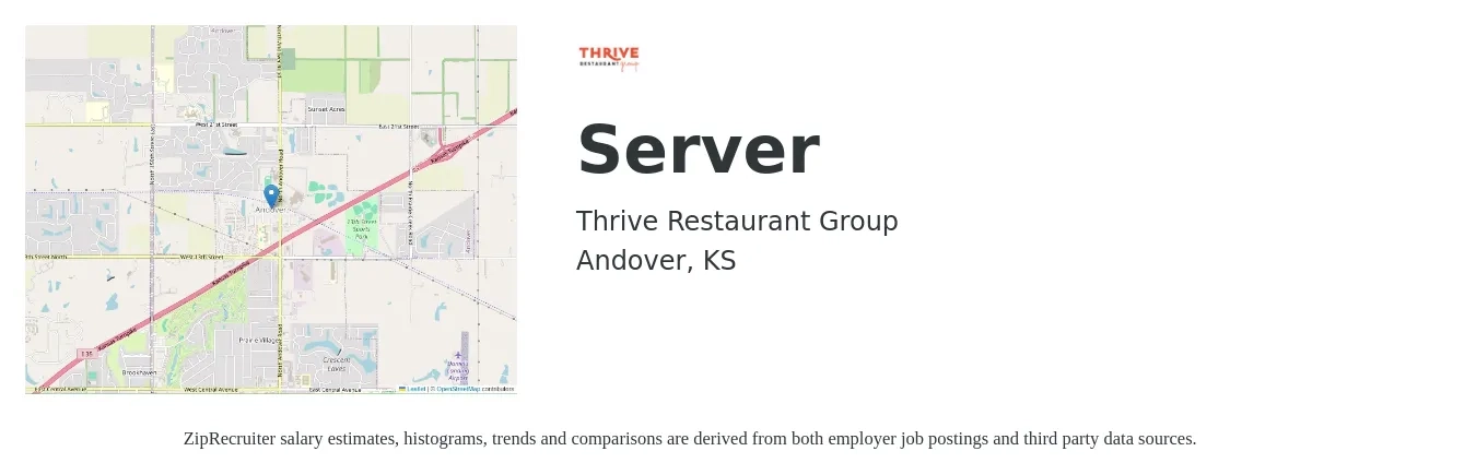Thrive Restaurant Group job posting for a Server in Andover, KS with a salary of $10 to $16 Hourly with a map of Andover location.