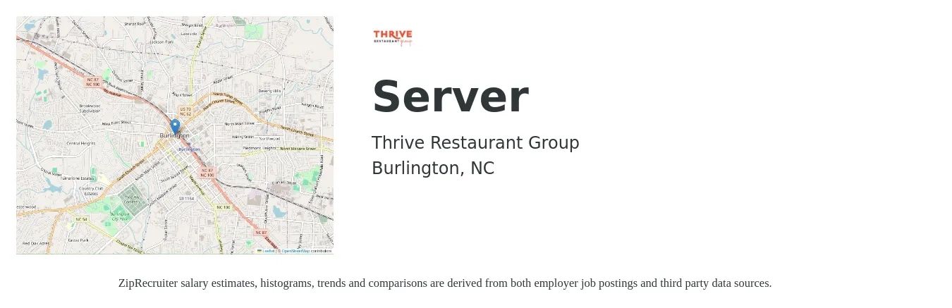 Thrive Restaurant Group job posting for a Server in Burlington, NC with a salary of $9 to $15 Hourly with a map of Burlington location.