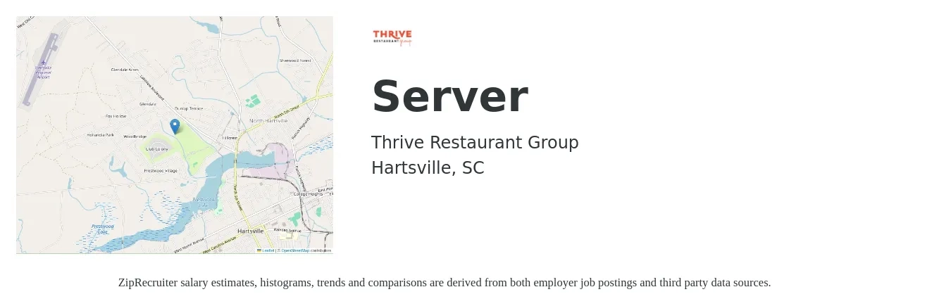 Thrive Restaurant Group job posting for a Server in Hartsville, SC with a salary of $9 to $16 Hourly with a map of Hartsville location.