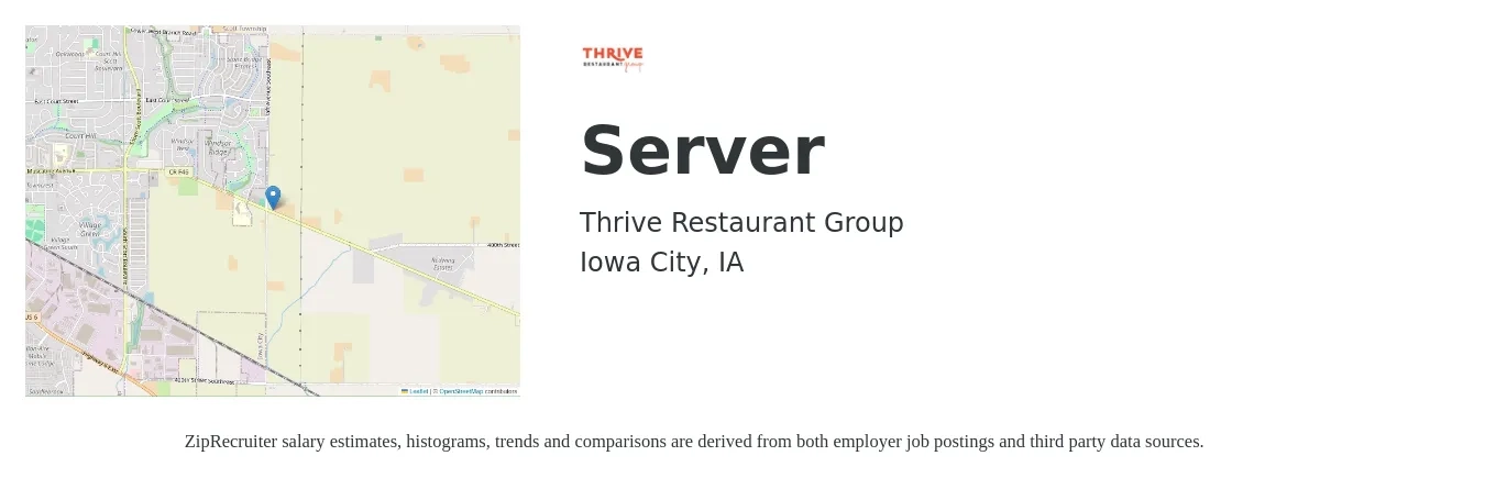 Thrive Restaurant Group job posting for a Server in Iowa City, IA with a salary of $9 to $16 Hourly with a map of Iowa City location.