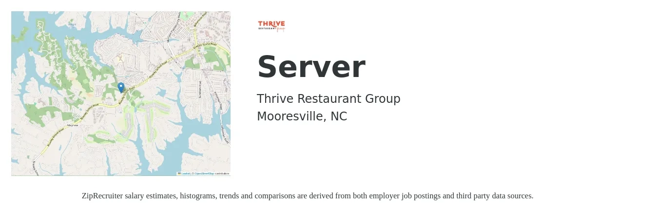Thrive Restaurant Group job posting for a Server in Mooresville, NC with a salary of $10 to $16 Hourly with a map of Mooresville location.
