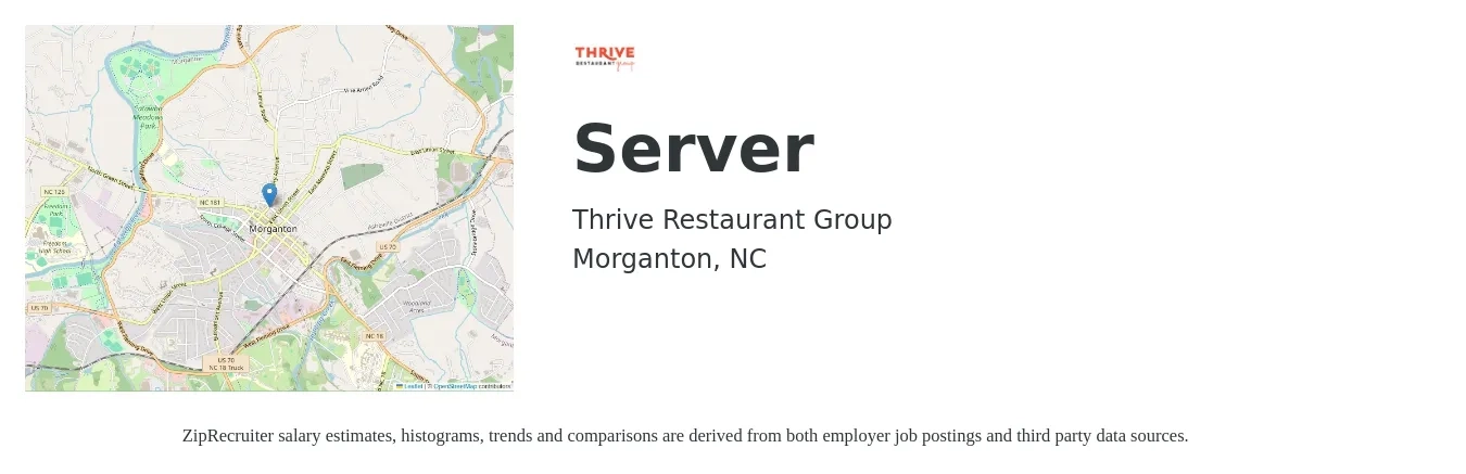 Thrive Restaurant Group job posting for a Server in Morganton, NC with a salary of $8 to $14 Hourly with a map of Morganton location.