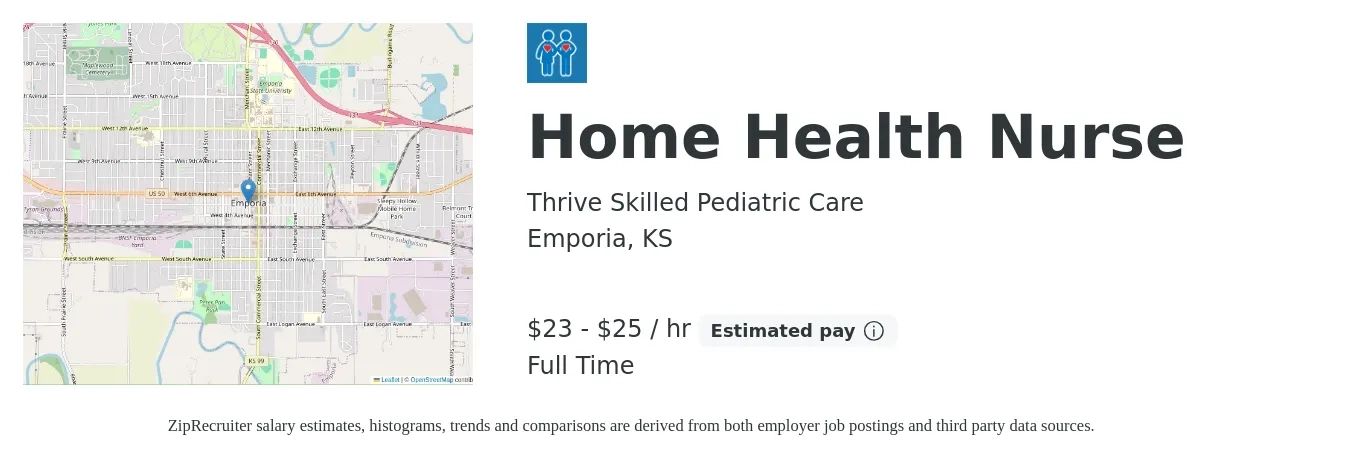 Thrive Skilled Pediatric Care job posting for a Home Health Nurse in Emporia, KS with a salary of $47,007 to $79,517 Yearly with a map of Emporia location.