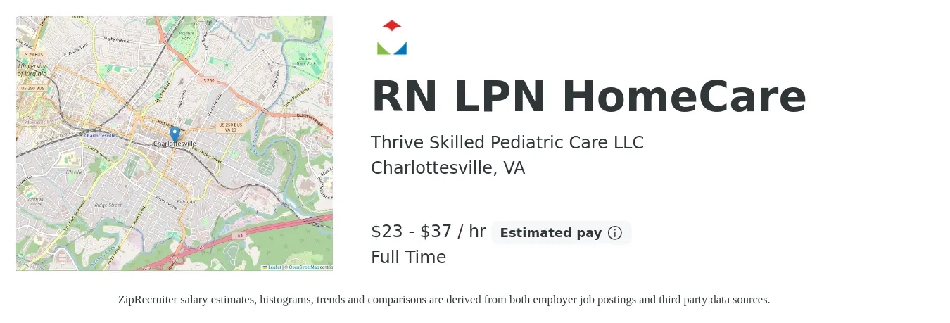 Thrive Skilled Pediatric Care job posting for a RN LPN Homecare in Charlottesville, VA with a salary of $26 to $36 Hourly with a map of Charlottesville location.