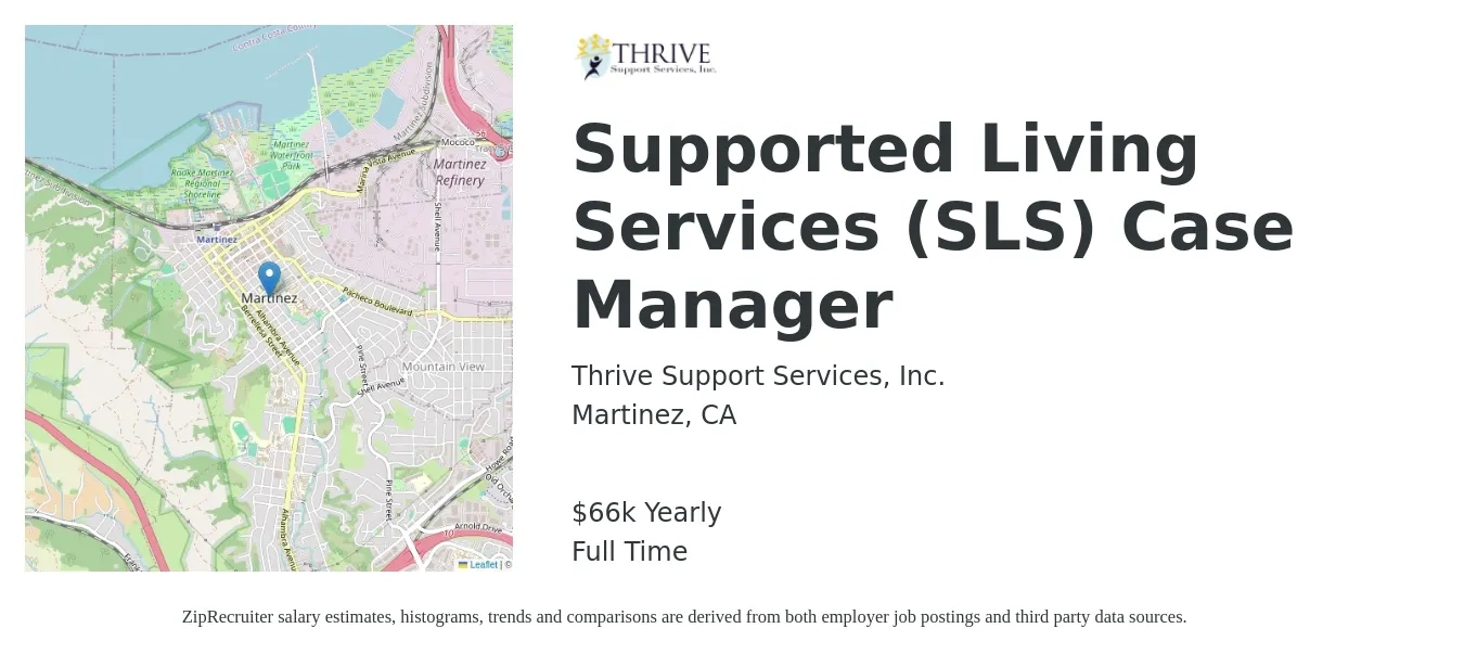 Thrive Support Services, Inc. job posting for a Supported Living Services (SLS) Case Manager in Martinez, CA with a salary of $66,560 Yearly with a map of Martinez location.
