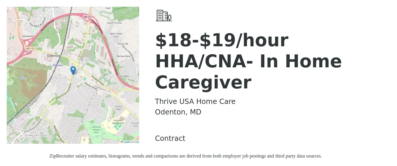 Thrive USA Home Care job posting for a $18-$19/hour HHA/CNA- In Home Caregiver in Odenton, MD with a salary of $18 to $19 Hourly with a map of Odenton location.