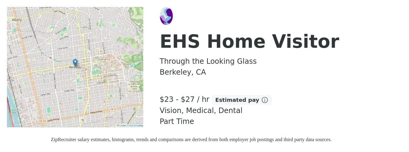 Through the Looking Glass job posting for a EHS Home Visitor in Berkeley, CA with a salary of $25 to $28 Hourly and benefits including vision, dental, life_insurance, and medical with a map of Berkeley location.