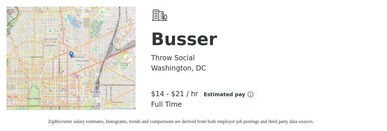 Throw Social job posting for a Busser in Washington, DC with a salary of $15 to $22 Hourly with a map of Washington location.