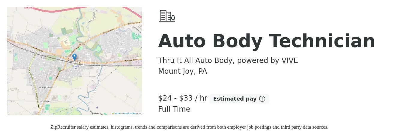 Thru It All Auto Body, powered by VIVE job posting for a Auto Body Technician in Mount Joy, PA with a salary of $25 to $35 Hourly with a map of Mount Joy location.
