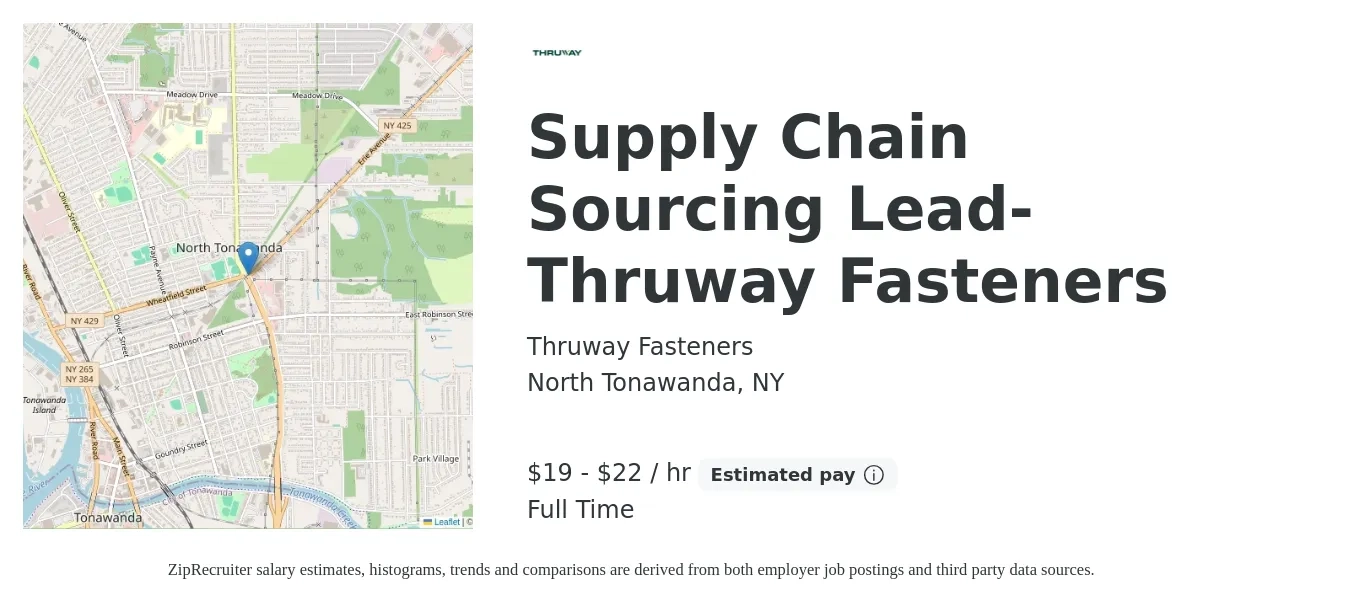 Thruway Fasteners job posting for a Supply Chain Sourcing Lead- Thruway Fasteners in North Tonawanda, NY with a salary of $20 to $23 Hourly with a map of North Tonawanda location.
