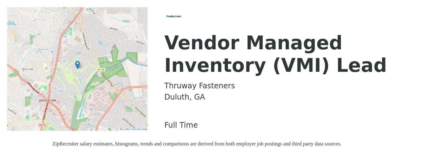 Thruway Fasteners job posting for a Vendor Managed Inventory (VMI) Lead in Duluth, GA with a salary of $39,100 to $61,200 Yearly with a map of Duluth location.