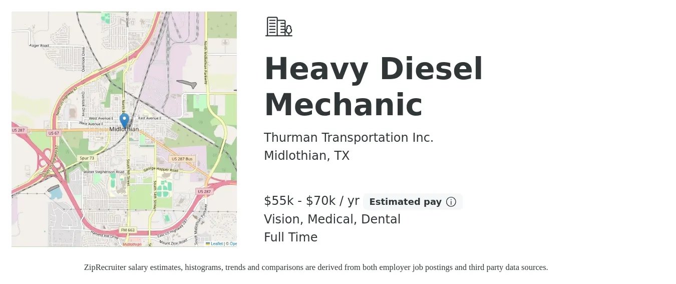 Thurman Transportation Inc. job posting for a Heavy Diesel Mechanic in Midlothian, TX with a salary of $55,000 to $70,000 Yearly and benefits including vision, dental, life_insurance, medical, pto, and retirement with a map of Midlothian location.