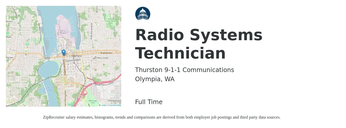 Thurston 9-1-1 Communications job posting for a Radio Systems Technician in Olympia, WA with a salary of $7,179 to $9,549 Monthly with a map of Olympia location.