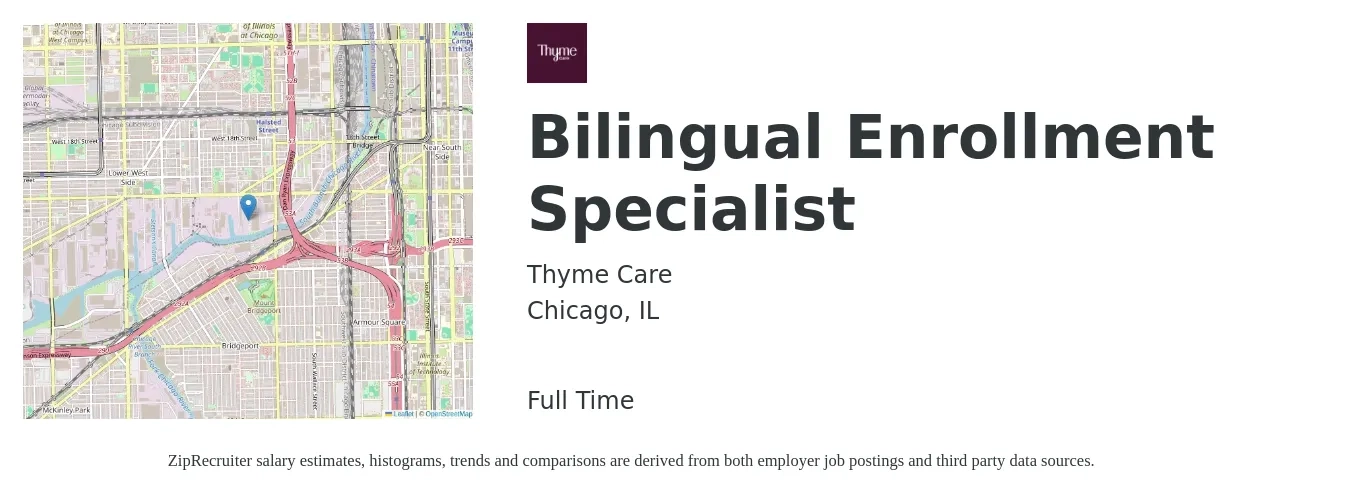 Thyme Care job posting for a Bilingual Enrollment Specialist in Chicago, IL with a salary of $42,200 to $120,000 Yearly with a map of Chicago location.