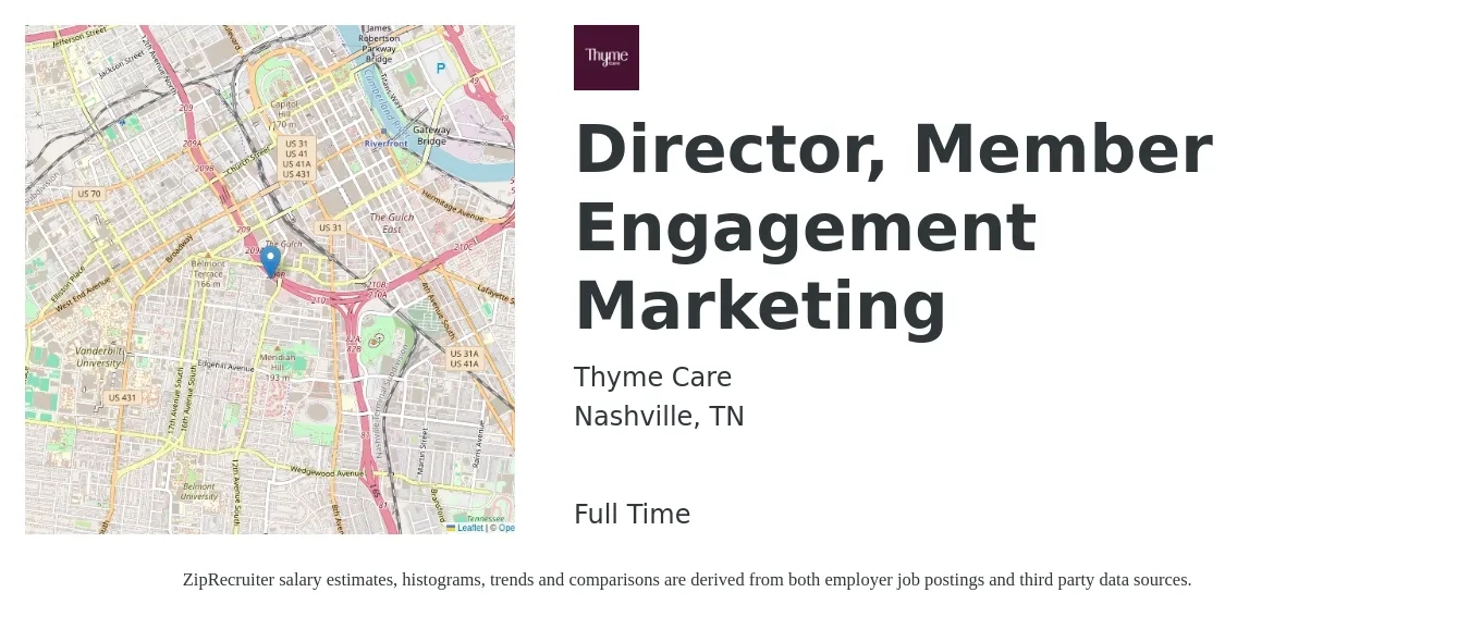 Thyme Care job posting for a Director, Member Engagement Marketing in Nashville, TN with a salary of $58,000 to $106,200 Yearly with a map of Nashville location.