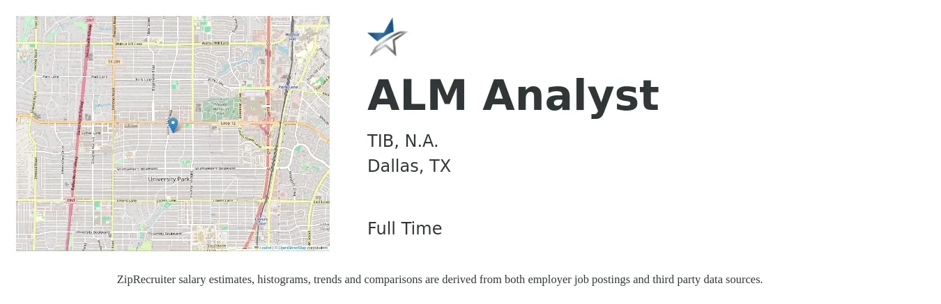 TIB,N.A. job posting for a ALM Analyst in Dallas, TX with a salary of $33 to $51 Hourly with a map of Dallas location.