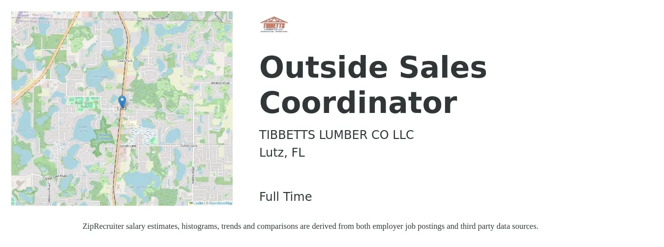 TIBBETTS LUMBER CO LLC job posting for a Outside Sales Coordinator in Lutz, FL with a salary of $47,700 to $81,800 Yearly with a map of Lutz location.