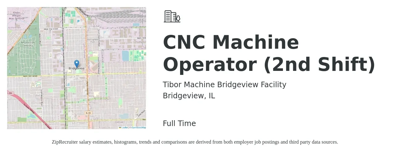Tibor Machine Bridgeview Facility job posting for a CNC Machine Operator (2nd Shift) in Bridgeview, IL with a salary of $18 to $25 Hourly with a map of Bridgeview location.