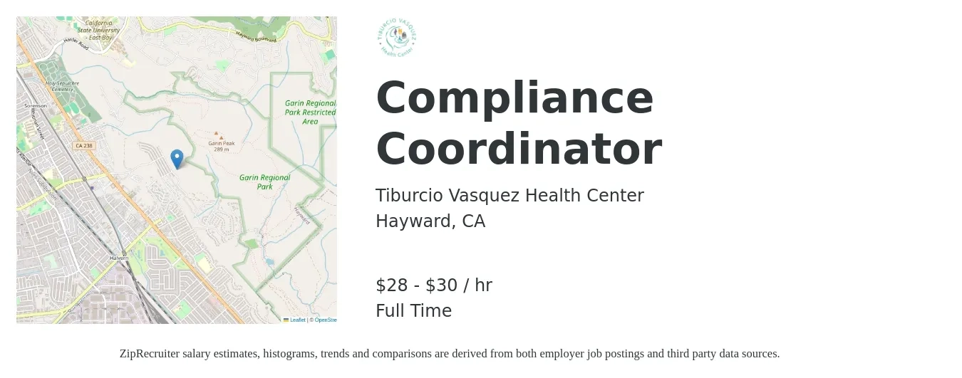 Tiburcio Vasquez Health Center job posting for a Compliance Coordinator in Hayward, CA with a salary of $30 to $32 Hourly with a map of Hayward location.