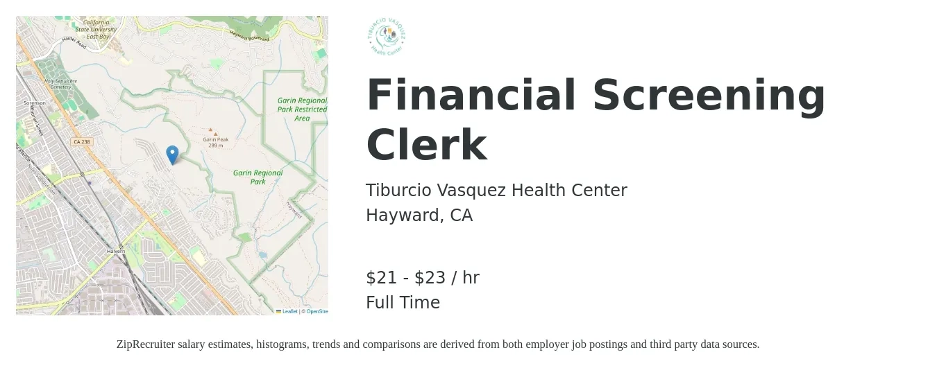 Tiburcio Vasquez Health Center job posting for a Financial Screening Clerk in Hayward, CA with a salary of $22 to $24 Hourly with a map of Hayward location.