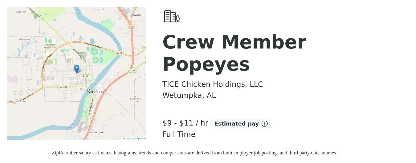 TICE Chicken Holdings, LLC job posting for a Crew Member Popeyes in Wetumpka, AL with a salary of $10 to $12 Hourly with a map of Wetumpka location.