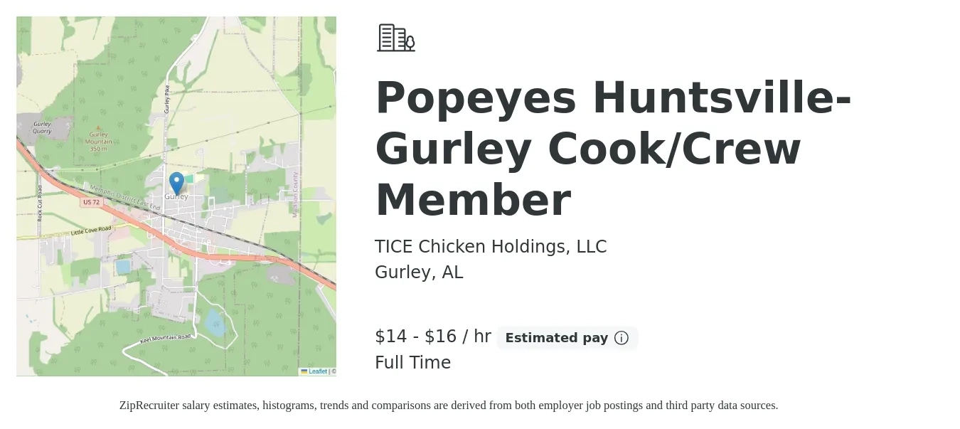 TICE Chicken Holdings, LLC job posting for a Popeyes Huntsville-Gurley Cook/Crew Member in Gurley, AL with a salary of $13 to $14 Hourly with a map of Gurley location.