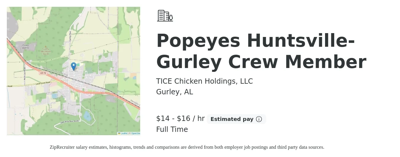 TICE Chicken Holdings, LLC job posting for a Popeyes Huntsville-Gurley Crew Member in Gurley, AL with a salary of $13 to $14 Hourly with a map of Gurley location.