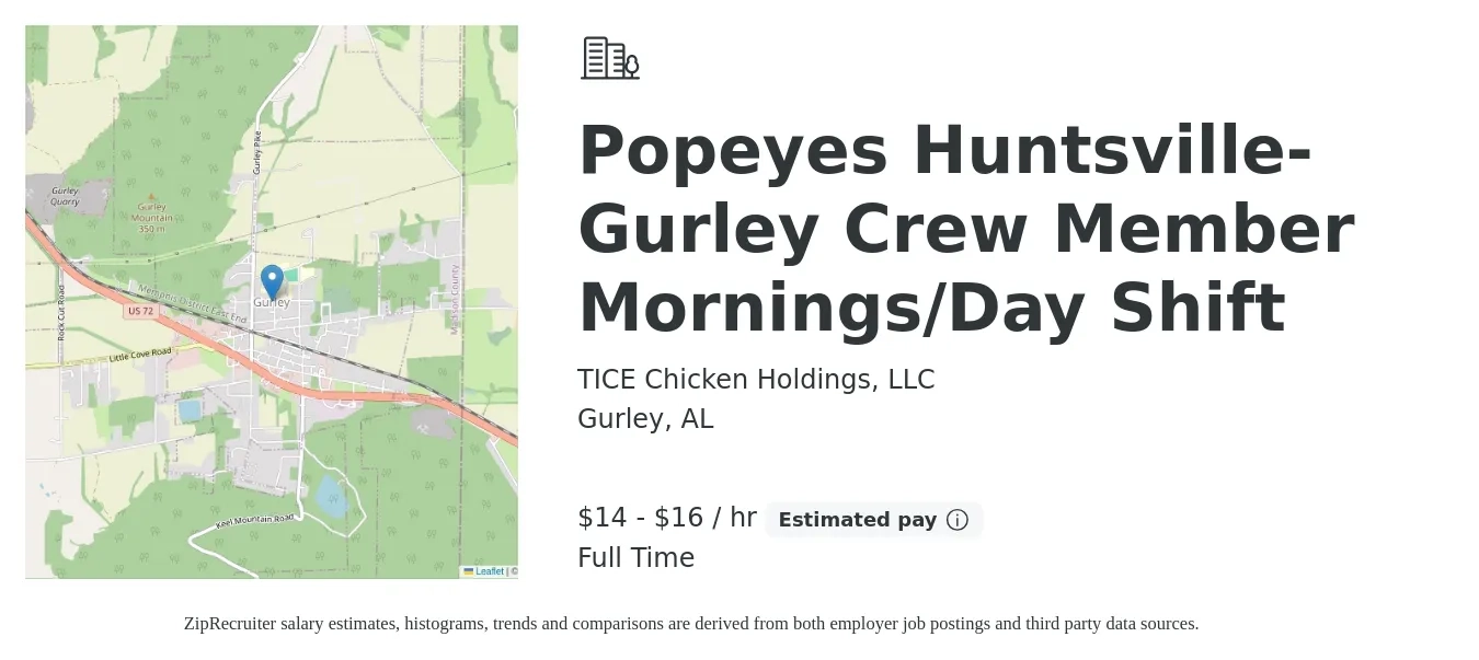 TICE Chicken Holdings, LLC job posting for a Popeyes Huntsville-Gurley Crew Member Mornings/Day Shift in Gurley, AL with a salary of $13 to $14 Hourly with a map of Gurley location.