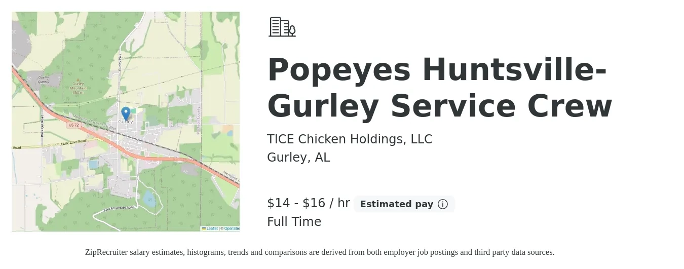 TICE Chicken Holdings, LLC job posting for a Popeyes Huntsville-Gurley Service Crew in Gurley, AL with a salary of $13 to $14 Hourly with a map of Gurley location.