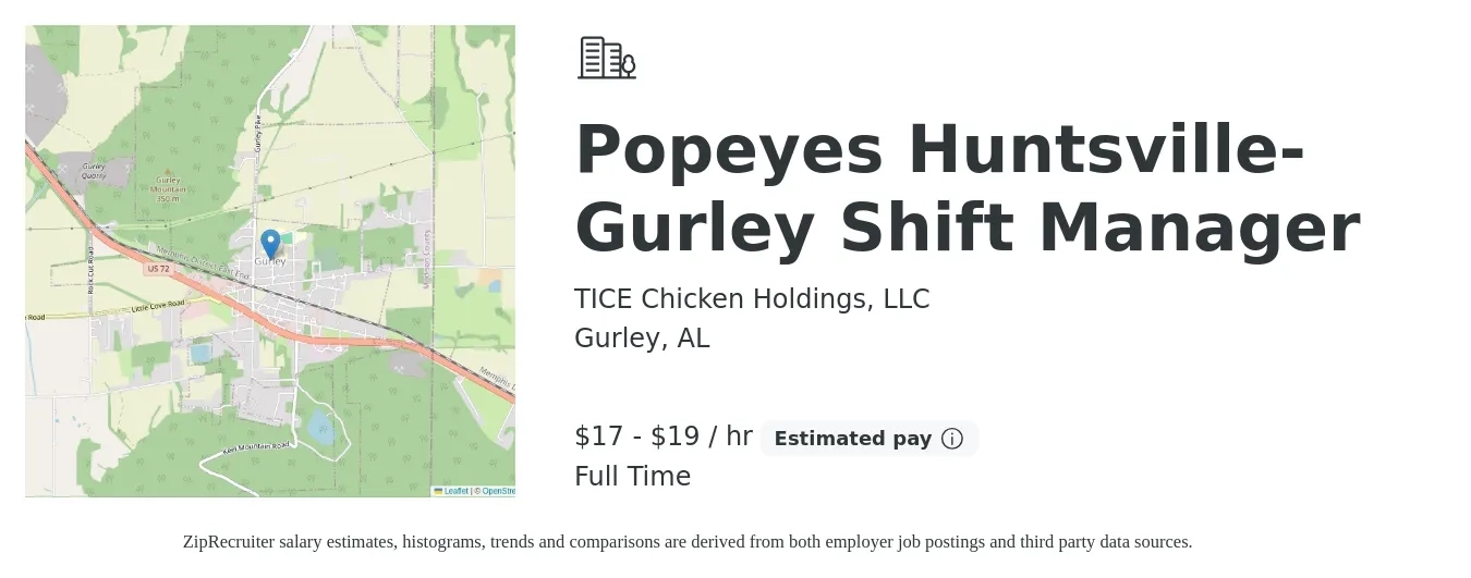 TICE Chicken Holdings, LLC job posting for a Popeyes Huntsville-Gurley Shift Manager in Gurley, AL with a salary of $15 to $18 Hourly with a map of Gurley location.