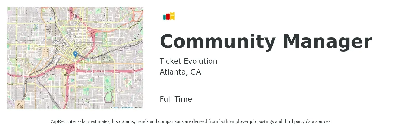 Ticket Evolution job posting for a Community Manager in Atlanta, GA with a salary of $45,200 to $64,400 Yearly with a map of Atlanta location.